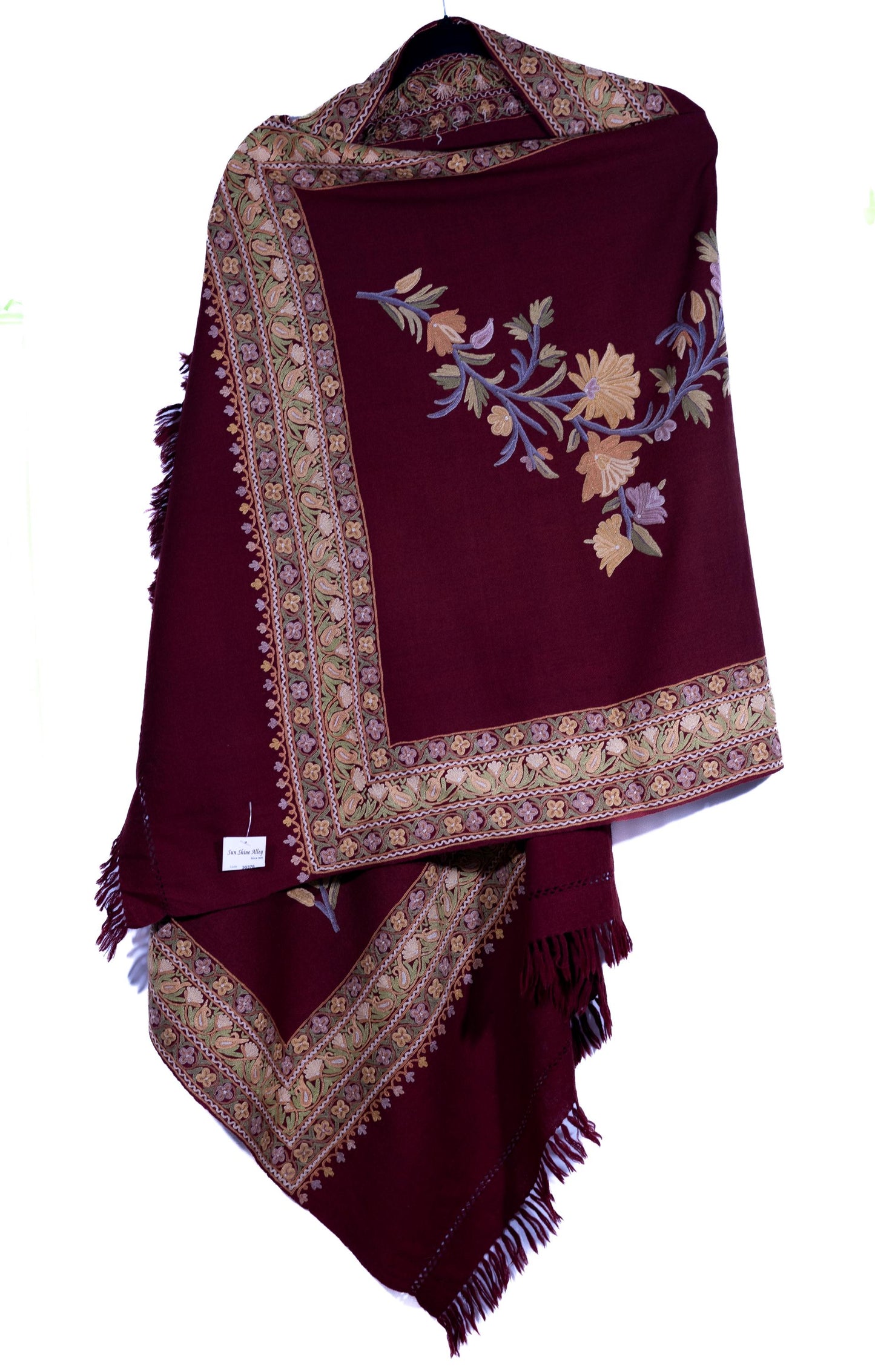 Kashmiri Hand embroidered stoles with Ari work on Merino wool for Winter - Purple with Flow Design
