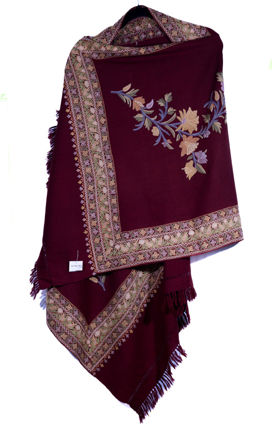 Kashmiri Hand embroidered stoles with Ari work on Merino wool for Winter - Purple with Flow Design