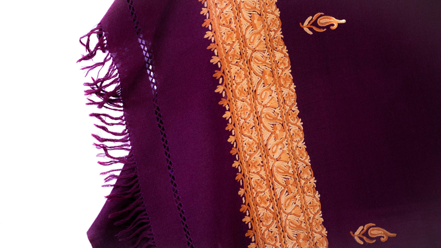 Kashmiri Hand embroidered stoles with Ari work on Merino wool for Winter - Purple with Golden Boundary Valentine Gift