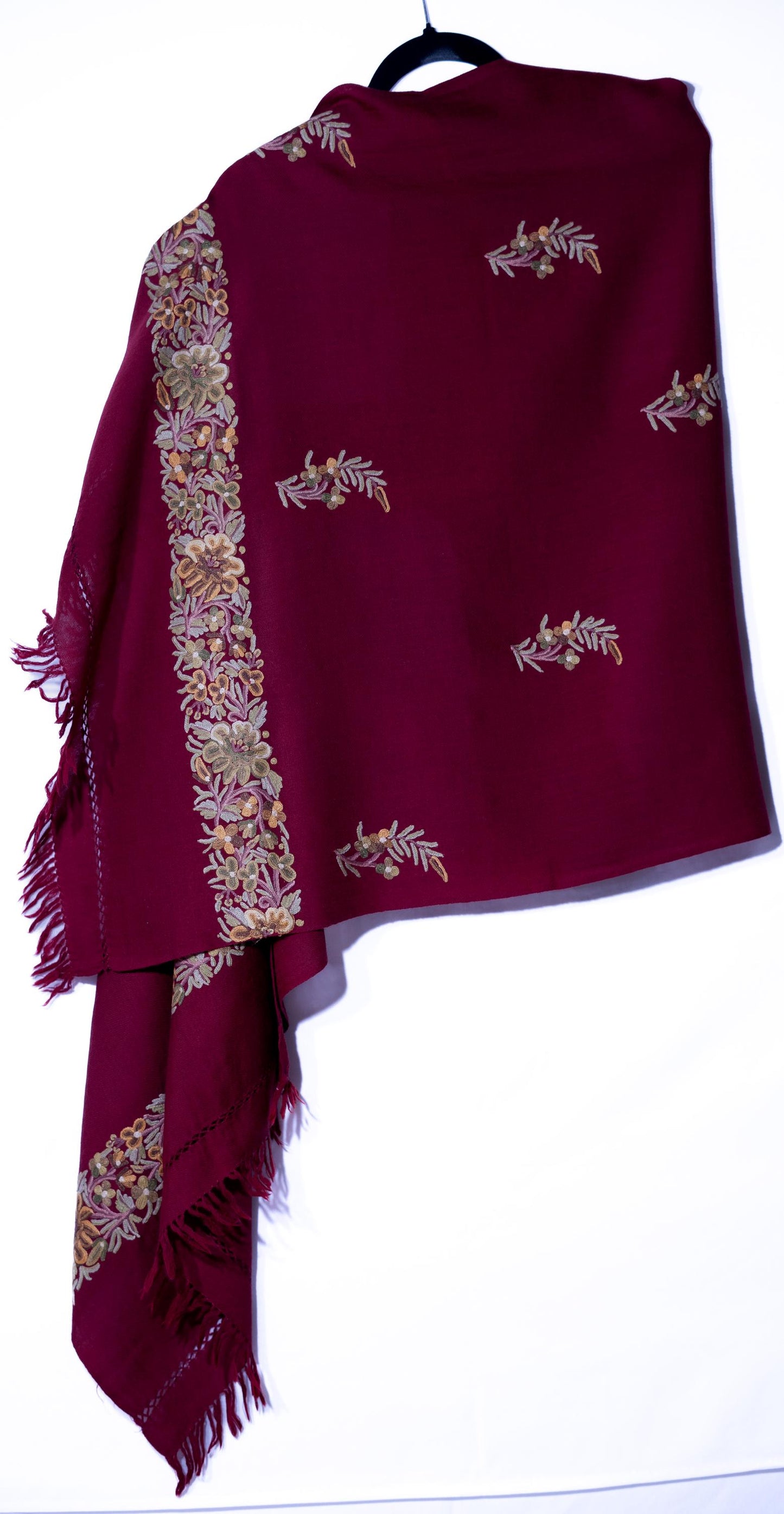 Kashmiri Hand embroidered stoles with Ari work on Merino wool for Winter - Purple with  Design on the back Valentine Gift