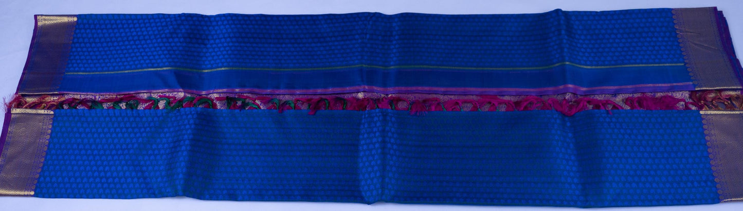 Handloom Royal Blue Kanjeevaram Silk Saree with Gold Zari & Purple Border