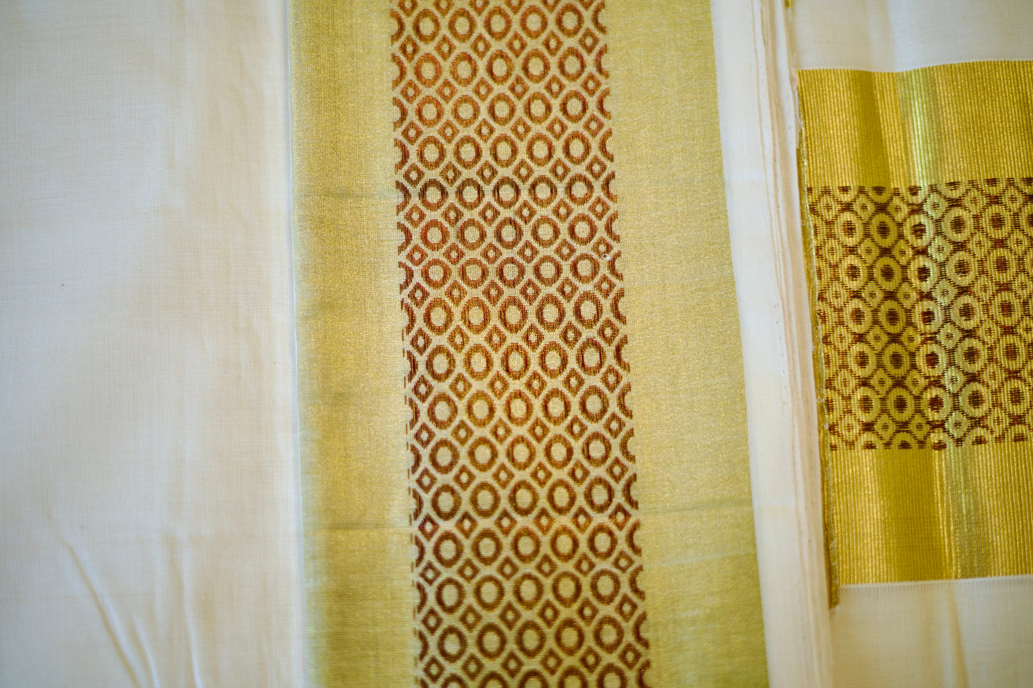 Elegant Kasavu White Set Saree with Brown Circles for Festive Occasions