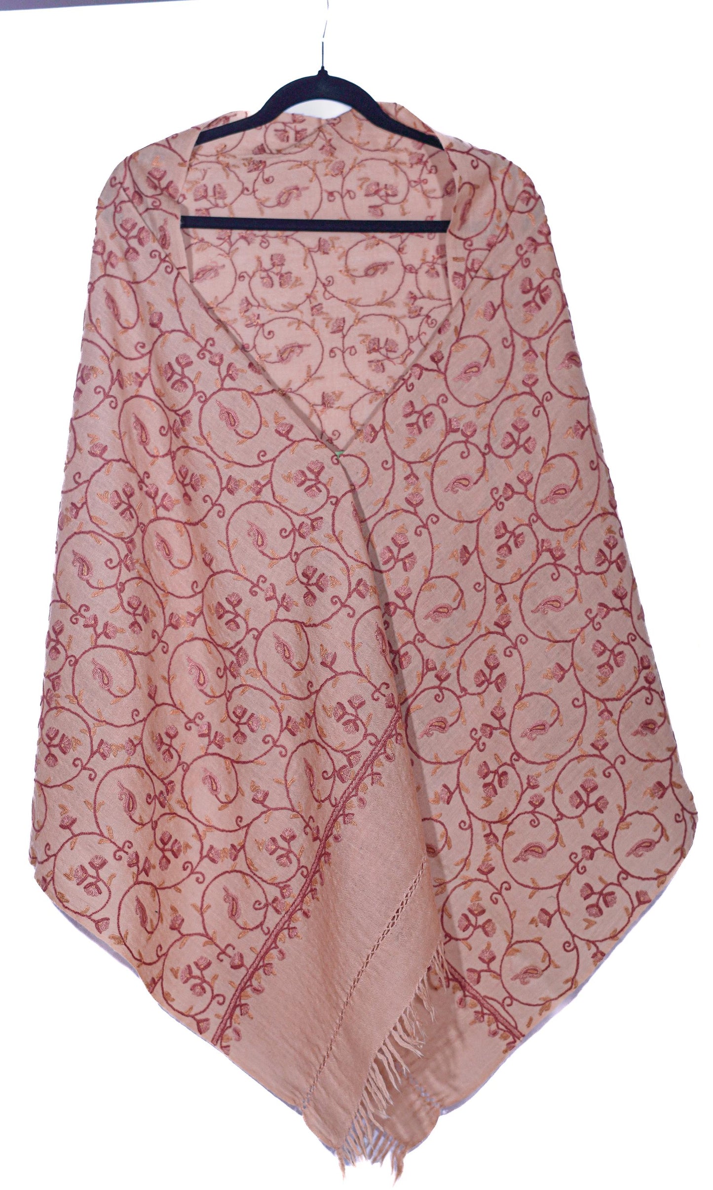 Kashmiri Hand embroidered stoles with Ari work on Merino wool for Winter - Light Orange with flower pattern