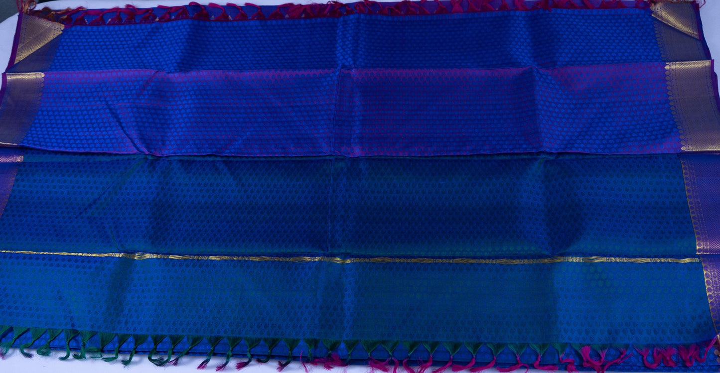 Handloom Royal Blue Kanjeevaram Silk Saree with Gold Zari & Purple Border