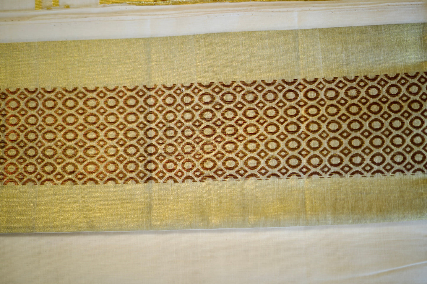 Elegant Kasavu White Set Saree with Brown Circles for Festive Occasions