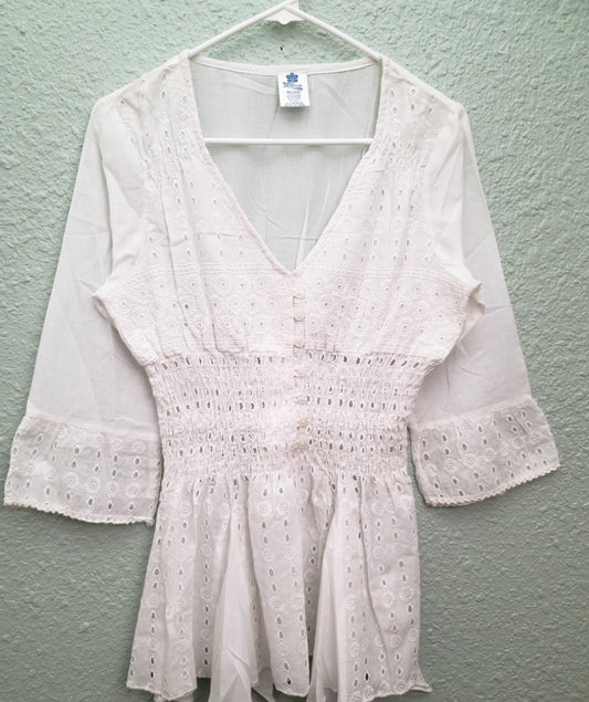 White Cotton Dress Embroidery Work Button Full Sleeve Lining