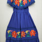 Floral Blue Full Dress with Round Neck Adorned with Flowers