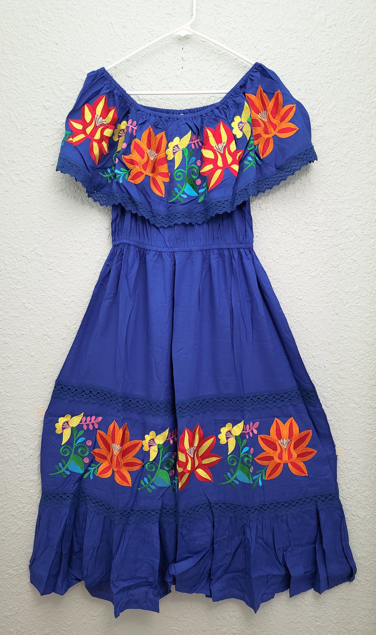 Floral Blue Full Dress with Round Neck Adorned with Flowers