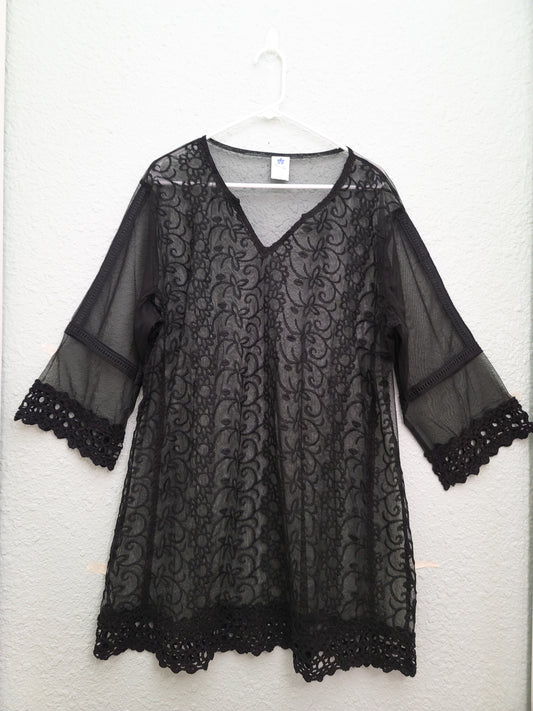 Summer-Ready Black Embroidery Dress with Sheer V-Neck in Polyester